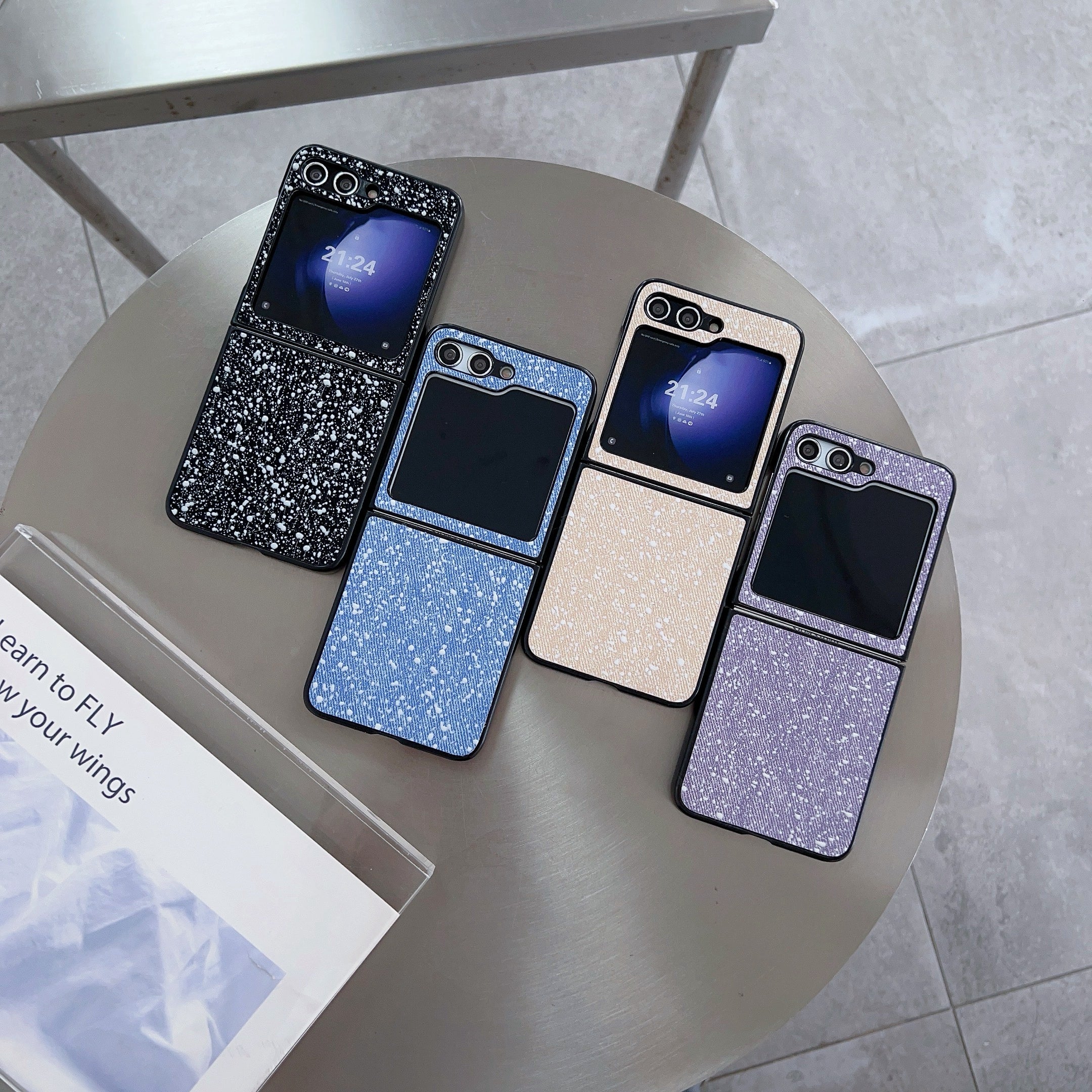 For Samsung Galaxy Z Flip6 5G Case Leather Coated PC Splatter Paint Phone Cover Two-Piece Design - Blue For Samsung Galaxy Z Flip6 5G Case Leather Coated PC Splatter Paint Phone Cover Two-Piece Design - Blue